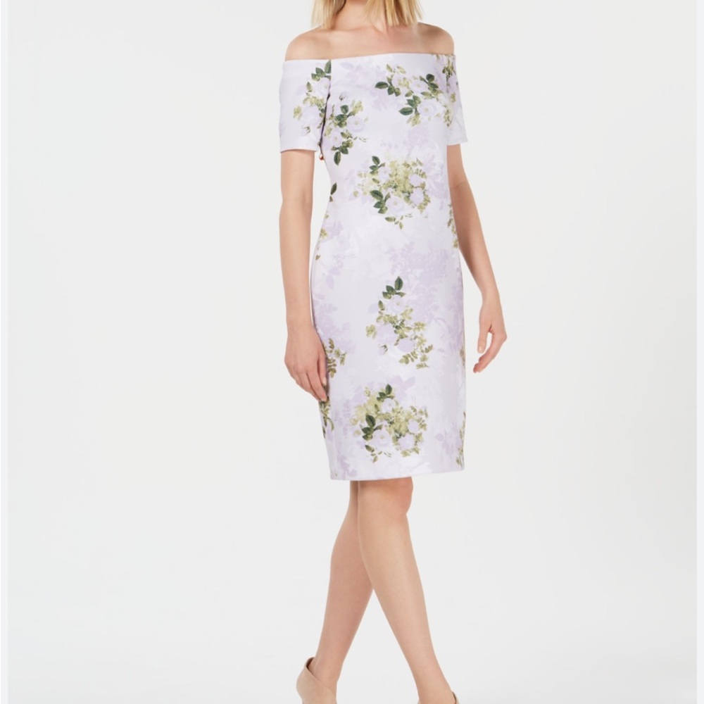 Calvin Klein Women Opal Multi Purple Floral Off The Shoulder Sheath Dress